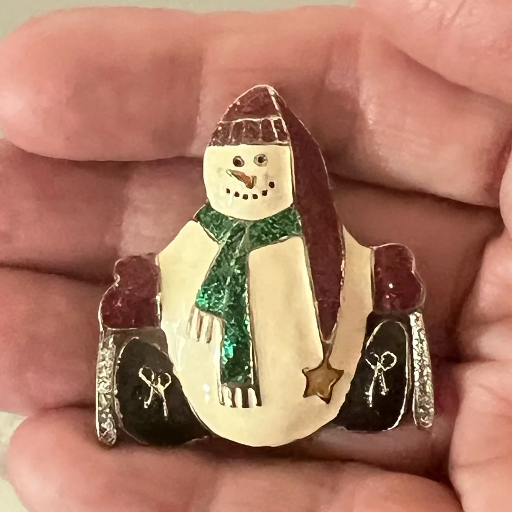 BROOCH Holiday Festive Snowman Wearing Skates, Scarf and Hat